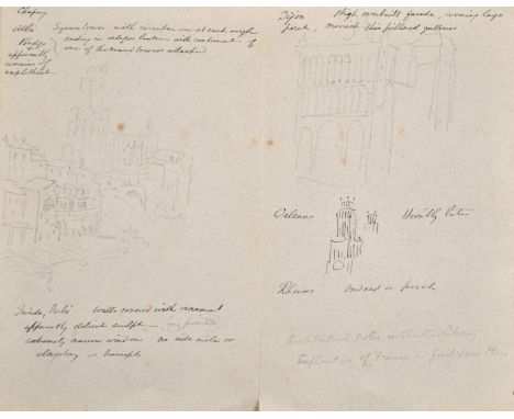 Circle of John Ruskin, Architectural views in France, a kneeling figure and an architectural sketch, double sided, pen ink an