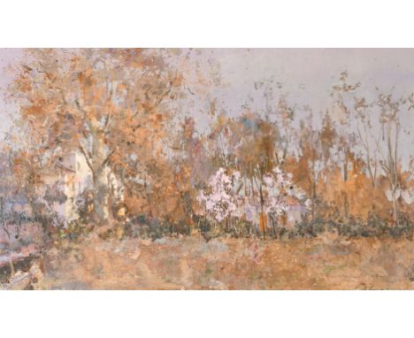 Angel Pintado Sevilla (b. 1955) 'La Alavesa', A scene of houses through blossom, oil on panel, signed and inscribed, 18" x 32