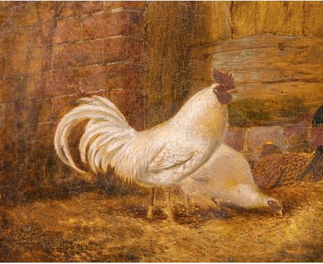 19th century, A scene of chickens in a barn, oil on panel, indistinctly signed with monogram and dated '1866', 5.5" x 6.5".