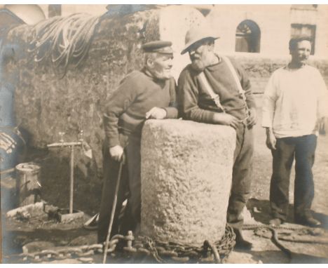 Circle of Frank Meadow Sutclifffe (1853-1941) early 20th century vintage photograph of fishermen by a capstan, 11.25" x 14.5"