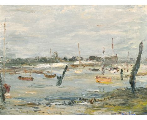Ronald Ossory Dunlop (1894-1973) British, Moored sailboats in an estuary possibly Dell Quay, oil on canvas, signed, 14" x 18"