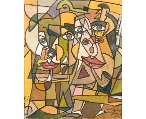 Joseph Dubiel Von LeRach (b.1951) Czech, A Cubist composition of figures, oil on panel, signed, inscribed verso, 15" x 12".