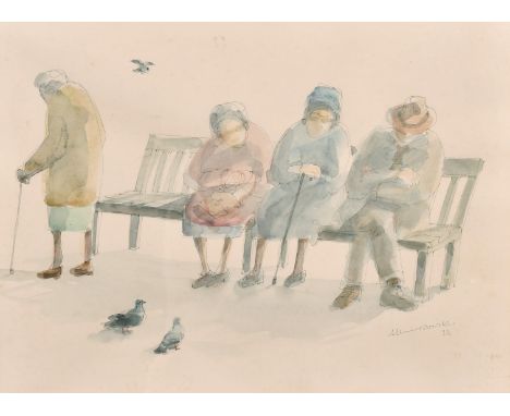 Albin Trowski (1919-2012) Polish, A scene of elderly figures on a park bench with pigeons in the foreground, watercolour, sig