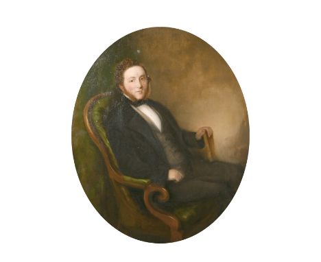 19th century, A portrait of seated gentleman holding a book, oil on canvas, 24" x 20", (oval).