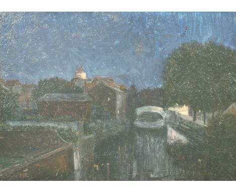 Charles Stokoe 20th century, 'Chelmsford', view of a bridge over a canal, oil on panel, signed, inscribed verso, 11" x 15".