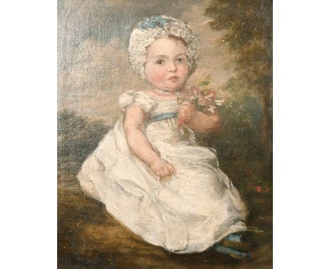 19th century school, Portrait of a child holding flowers in a landscape, oil on canvas, 16" x 24".