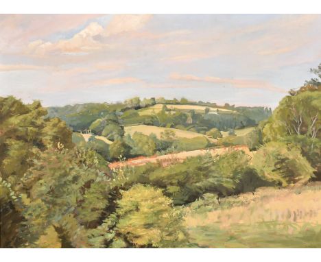 Daphne Todd (b. 1947) British, 'Across the Weald', oil on panel, signed, 13" x 17".