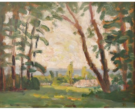 John Brown 20th century, A landscape through trees, oil on panel, signed with initials, 8" x 10".