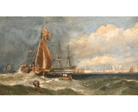 Circle of William Clarkson Stanfield, Shipping In heavy seas with a harbour entrance beyond, oil on panel, 5.5" x 9".