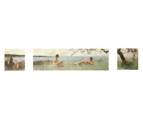 Henry John Yeend King (1855-1924) British, A framed triptych of classical maidens beneath a blossoming tree, with a bay and t