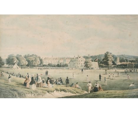 The cricket match, Tunbridge school, coloured print, in a maple frame, 19" x 31.5".