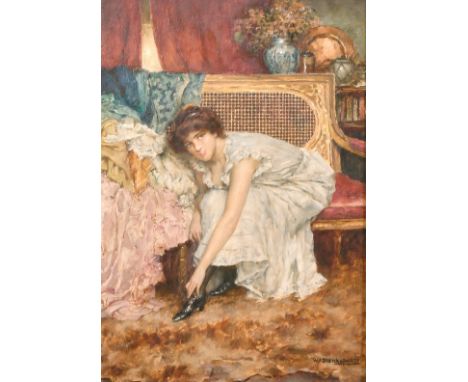 William A. Breakspear (1855-1914) British, 'Dressing for the Ball', A young girl seated on a sofa tying her shoes, oil on pan