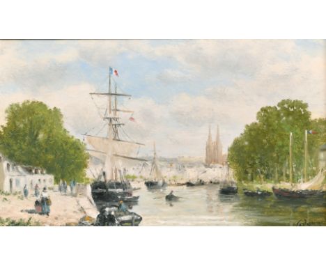 Gerard Roux (b. 1946) French, A scene of sailboats with figures on the quayside, oil on panel, signed, 6.25" 10.5".