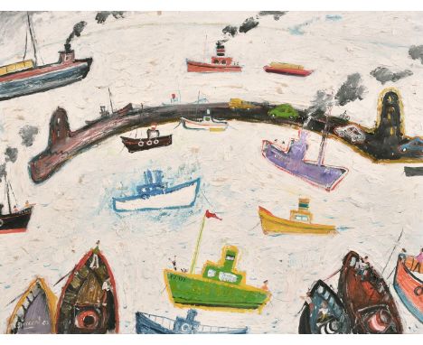 Simeon Stafford (b. 1956) 'By the Sea' A view of boats in a harbour, oil on panel, signed and indistinctly dated and inscribe