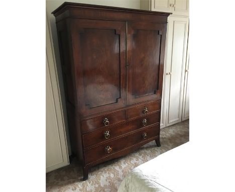 Mid 19th c mahogany press on splay bracket feet 2 doors over 4 drawers original handles