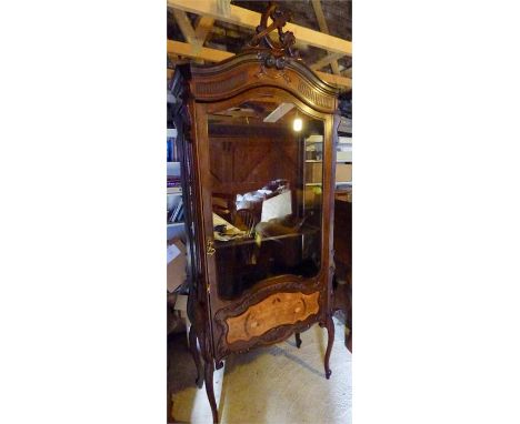 Tall display cabinet in the French manner with single glazed door mahogany and inlays