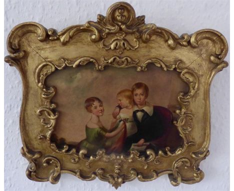 Oil on board portrait of three children - mid 19thC in ornate gilt frame 