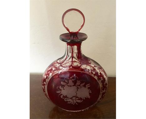 Good quality etched ruby glass decanter 21 cms high