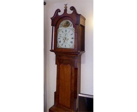 19th C 8 day long case clock with enamel dial by G. Cade, Market Weighton. Mahogany case with oak door and  broken arch pedim