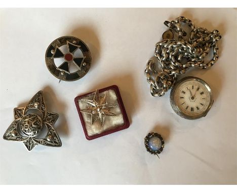 Continental 19thC silver ladies pocket watch, white metal Celtic style brooch etc.