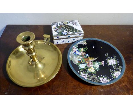 Brass chamber stick with an enamel box and dish