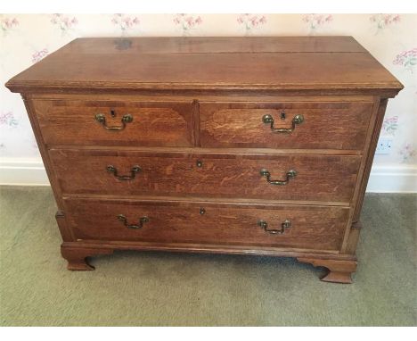19thC Oak Chest of Drawers on Ogee Bracket Feet, Reeded, Canted Corners and Cross Banding to Drawers, Brass Swan Neck Handles