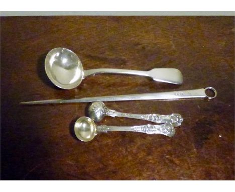 Two superb large silver salt spoons W Eaton 1840, a skewer and a ladle 5.7 ozt