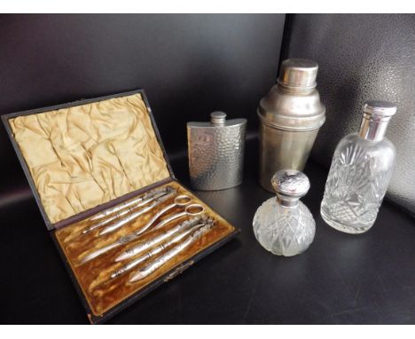 2 vintage cut glass perfume bottles - 'Demi Jour' by Houbigant, coctail shaker, hipflask, and a boxed Victorian silver plate 