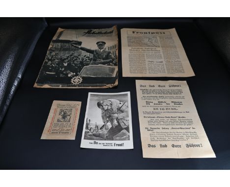 Assorted WW2 German ephemera to incl NSDAP postcard 1943 Krakow, Reichspost, Frontpost Newspaper for the German soldiers, dat