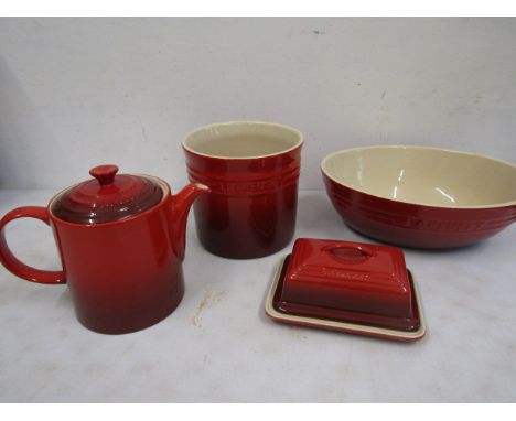 Le Creuset red ceramic 1.3 ltr teapot, butter dish, utensil pot and dish