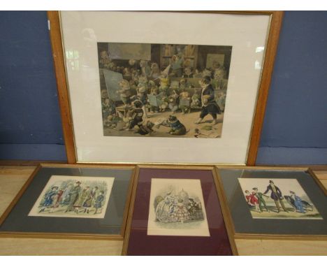 Louis Wain print and 3 hand coloured fashion plates&nbsp;
