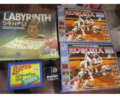 Vintage games Robotix sets- one complete apart from figures and other box contains spares, Labyrinth, Bayko and Playboy game 