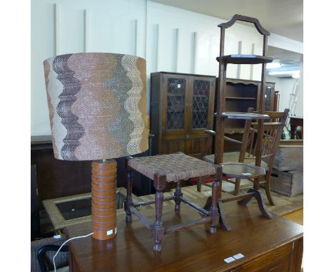 An oak folding cake stand, stool and a table lamp 