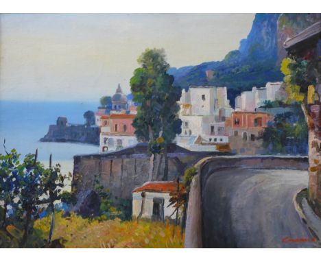 Pasquale Monaco, Italian coastal landscape, oil on panel, 29 x 39cms, framed 