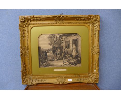 A Victorian black and white print, The Sportsman Preparing, framed 