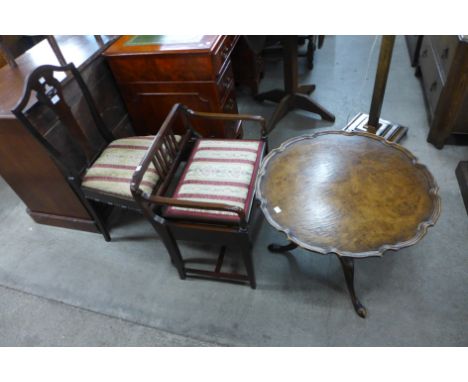 A walnut tilt-top tripod table, mahogany piano stool and a chair 