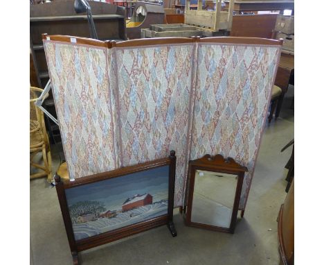 A fire screen, mirror, folding three panel screen and two copper warming pans 