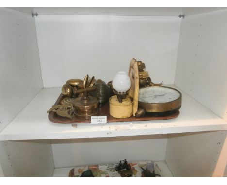 tray of brassware inc door handles and oil lamp etc