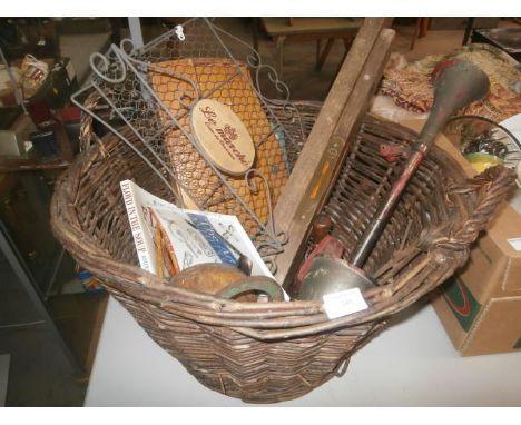 wicker basket & contents inc. Vintage horn and spirit levels etc