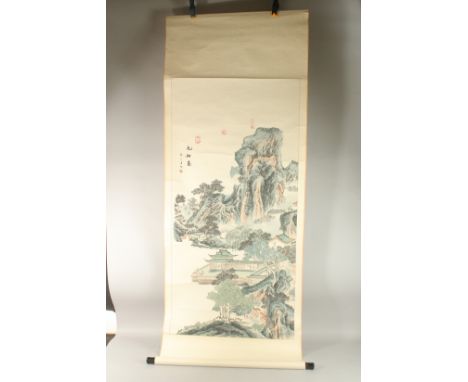 A LARGE CHINESE SCROLL LANDSCAPE PICTURE ON PAPER, inscribed upper left with four red seal marks, image 131cm x 63cm.