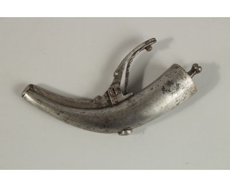 A 17TH-18TH CENTURY PERSIAN SAFAVID STEEL POWDER FLASK, 16cm long.