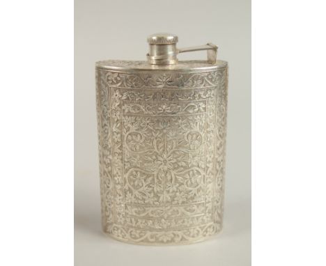 A 19TH CENTURY INDIAN ENGRAVED SILVER FLASK, with fine floral designs, 13.5cm high.