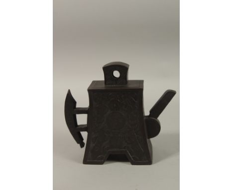 A LARGE CHINESE YIXING TEAPOT, with carved decoration, the base with character mark and inscription, 20cm high.