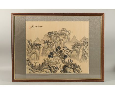 TWO CHINESE LANDSCAPE PAINTINGS ON SILK, each inscribed with red seal marks, framed and glazed, 53cm x 72cm overall.
