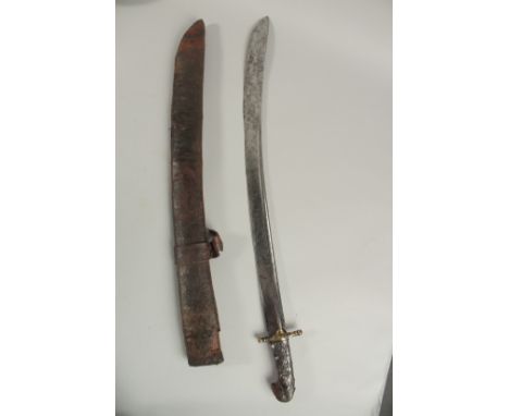 AN EARLY ISLAMIC POSSIBLY OTTOMAN SWORD, in leather overlaid scabbard, 71cm long overall.