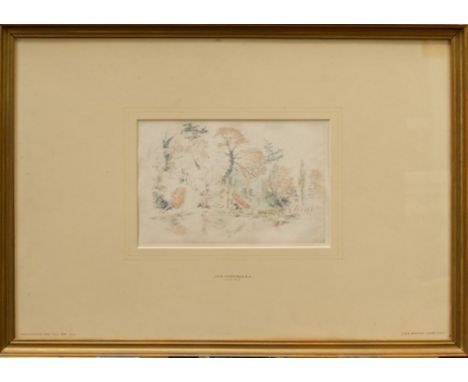 Manner of John Constable, 19th century pencil and watercolour sketch - cottage beside a pond, in glazed gilt frame, 15.5cm x 