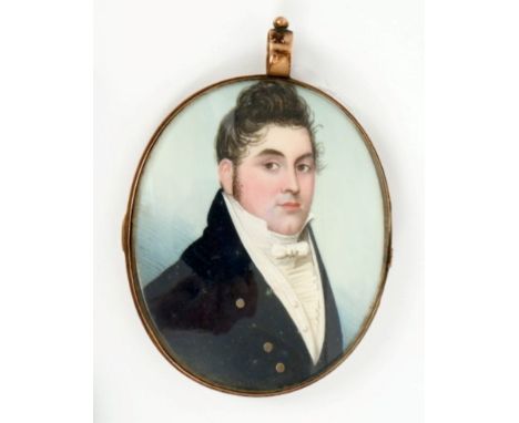 Georgian oval portrait miniature on ivory - a young dandy in black coat, in oval yellow metal frame, 6.2cm x 5cm CONDITION RE