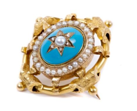 Victorian turquoise enamel, diamond and seed pearl brooch with a central seed pearl and diamond star motif, on an oval turquo