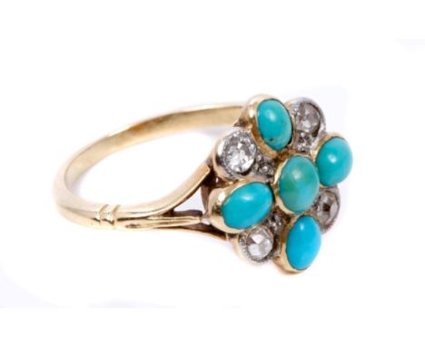 Edwardian diamond and turquoise flower-head cluster ring with five turquoise stones and four old cut diamonds, in rub-over se