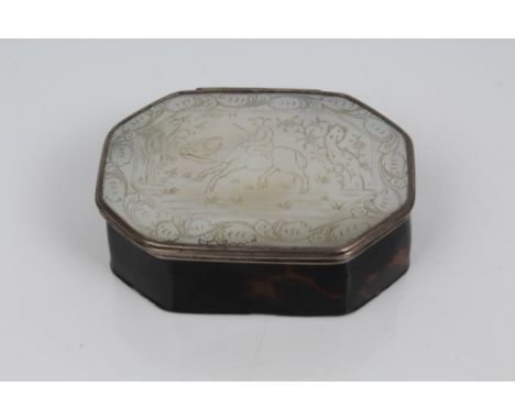 18th century mother of pearl and tortoiseshell snuff box of canted rectangular form, the mounted mother of pearl hinged lid e